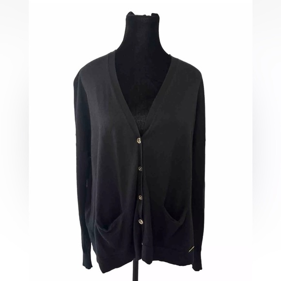 Michael Kors Black Cardigan Sz S Sweater Slouch Pockets Logo Buttons Cotton Top - Picture 1 of 11